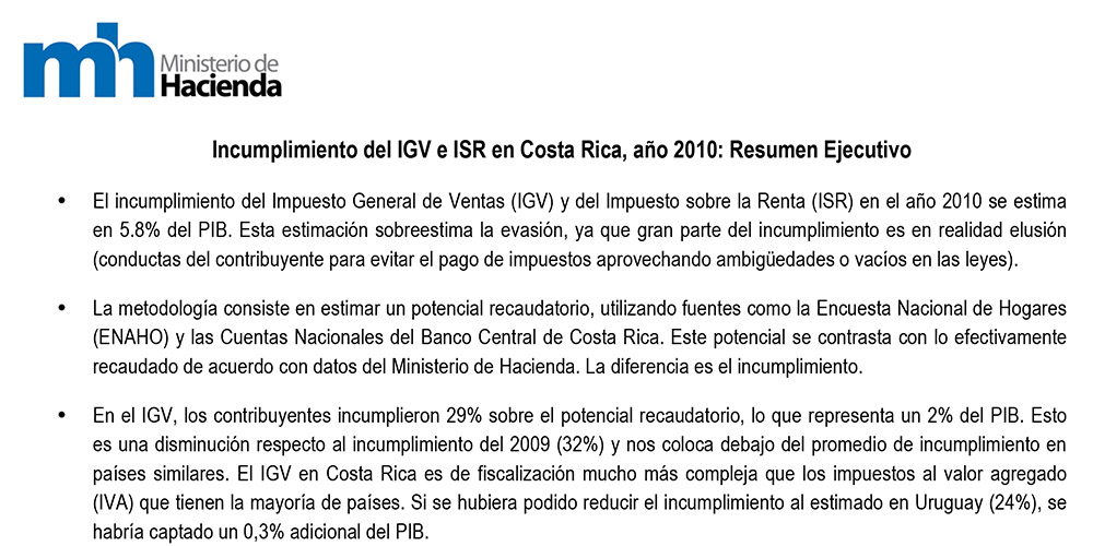 Incumplimiento del IGV e ISR en Costa Rica, año 2010