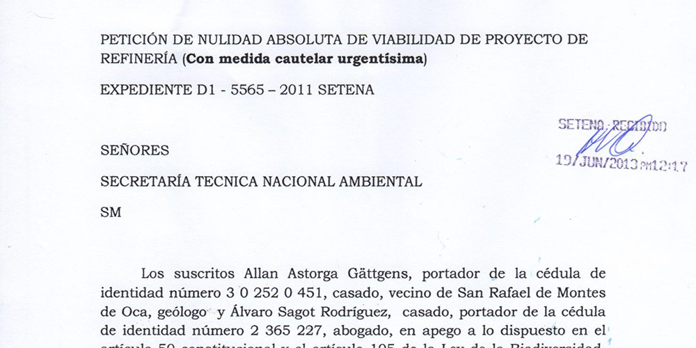 Petición de Nulidad Absoluta de Viabilidad de Proyecto de Refinería